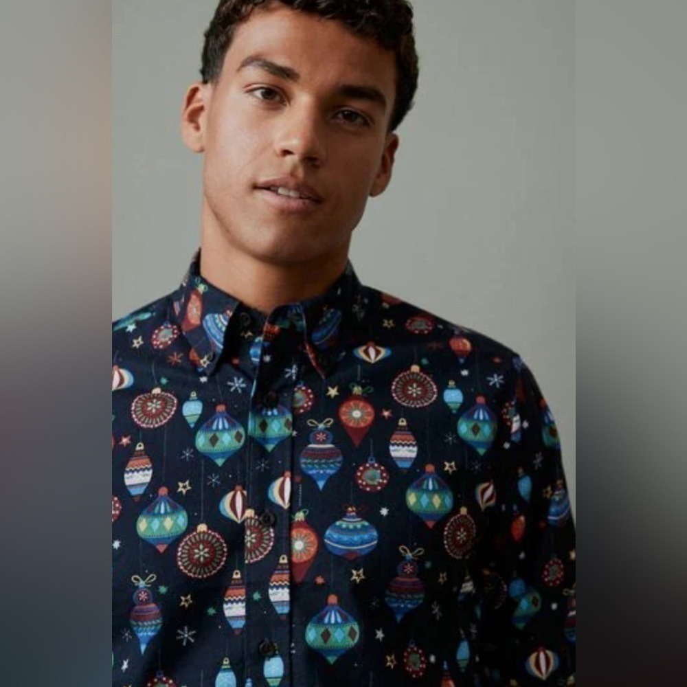 Next‎ Mens Christmas Ornament Print Button Down Shirt Navy Blue XL 573-593-060